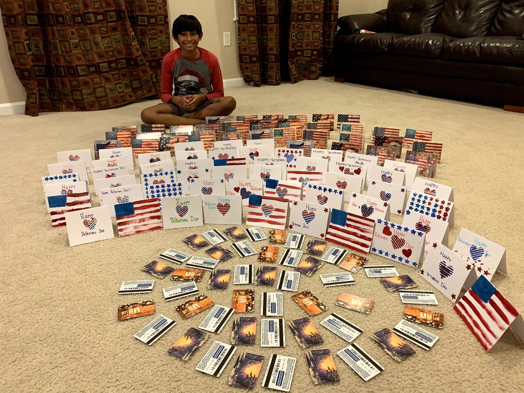The full display of cards, flags, and patriotic keepsakes